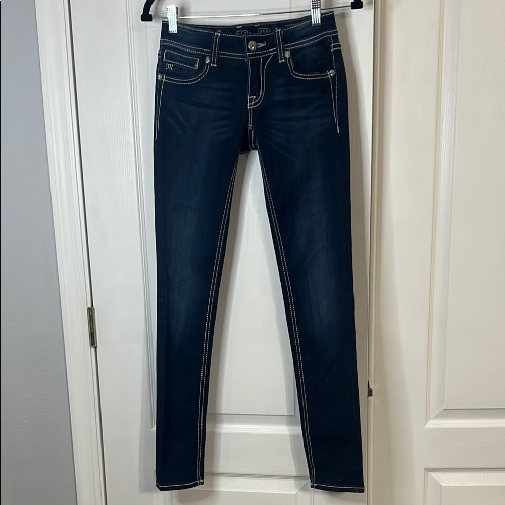 Miss Me Fleur De Lis Blue Skinny Jeans with Sleek Tapered Fit